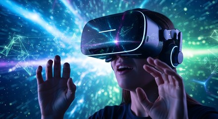 Woman wearing virtual reality headset with hands outstretched in a digital abstract environment