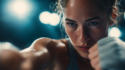 Intense female boxer training indoors in a bright gym with focus and determination during evening practice session Generative AI
