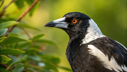 A striking closeup of an australian magpie, its black and white plumage contrasting beautifully against the lush green foliage, capturing its essence in nature
