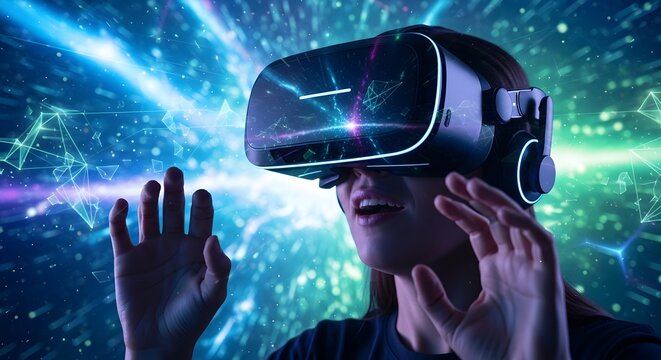 Woman wearing virtual reality headset with hands outstretched in a digital abstract environment