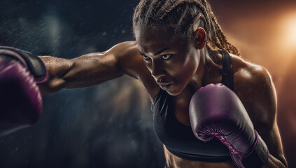 Focused female boxer training intensely in a gym with dramatic lighting and motion effects Generative AI