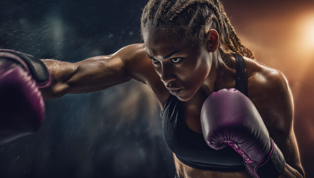 Focused female boxer training intensely in a gym with dramatic lighting and motion effects Generative AI - Powered by Adobe