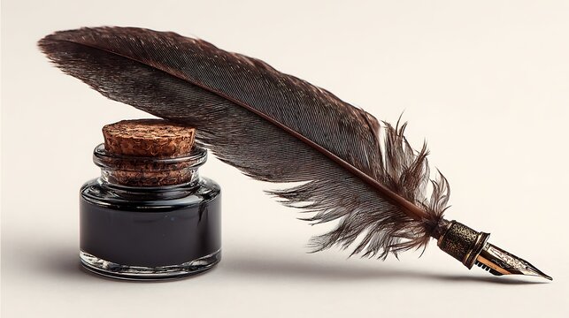 Ink and feather pen isolated on the white background 
