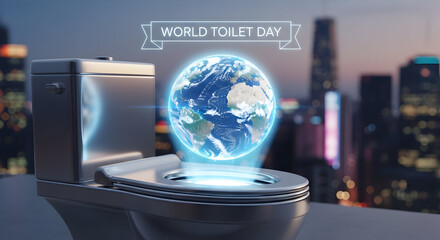 World toilet day earth hologram in toilet bowl