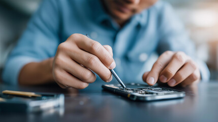 Technician disassembling broken smartphone components defocused logic board, faceless repair process, engineering visualization detail, blurred desk background, replace concept, se