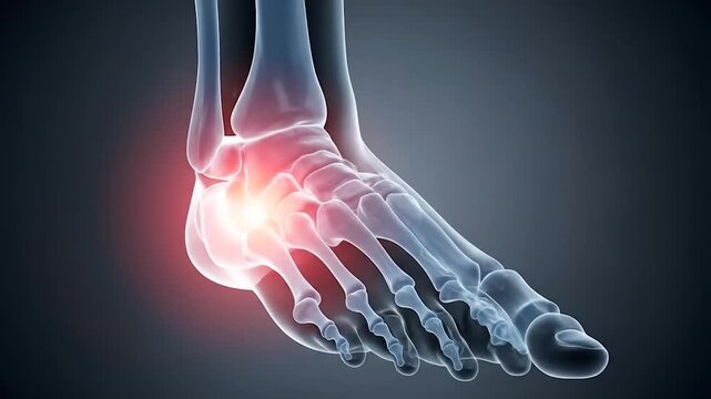 Detailed 3D render of a human foot skeleton showing a glowing red highlight around the ankle joint, symbolizing pain, inflammation, or injury in the human anatomy