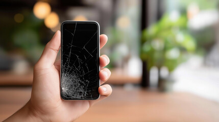 Black broken touch screen phone with defocused background, faceless shattered device, damage visualization detail, blurred setting, screen break concept, mobile interface, repair d