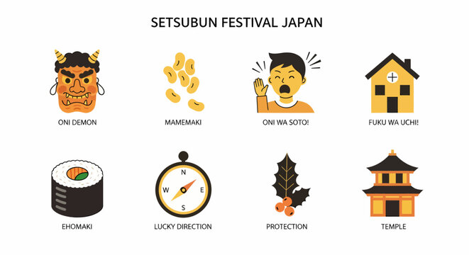Eight graphic icons illustrating elements of the Japanese Setsubun Festival