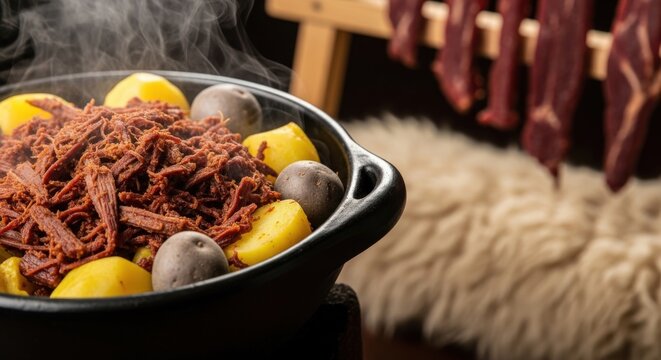 Traditional Bolivian Charquekan &ndash; Dried Beef with Potatoes & Chu&ntilde;o in Black Clay Pot