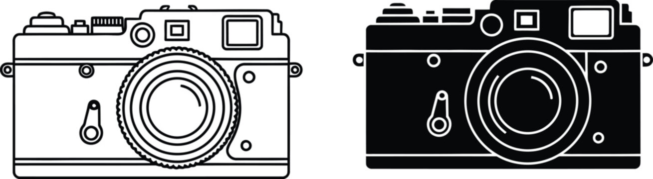 The vintage camera line art is contrasted against a black silhouette model