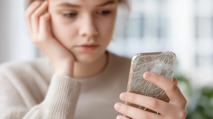 Broken glass screen smartphone in hand defocused white background, faceless upset girl, damaged visualization detail, blurred setting, phone break concept, emotional interface, acc