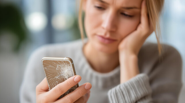 Sad woman hand holding broken phone defocused background, faceless disappointment moment, damaged visualization detail, blurred setting, phone break concept, emotional interface, u