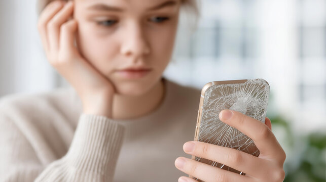 Broken glass screen smartphone in hand defocused white background, faceless upset girl, damaged visualization detail, blurred setting, phone break concept, emotional interface, acc