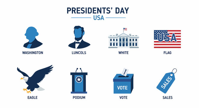 Presidents Day USA graphic with eight blue and white icons representing presidents landmarks and related symbols