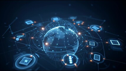 A futuristic digital globe with global connections, data networks, and glowing technology interfaces. Perfect for themes of cybersecurity, global communication, AI, big data, and modern innovation. - Powered by Adobe