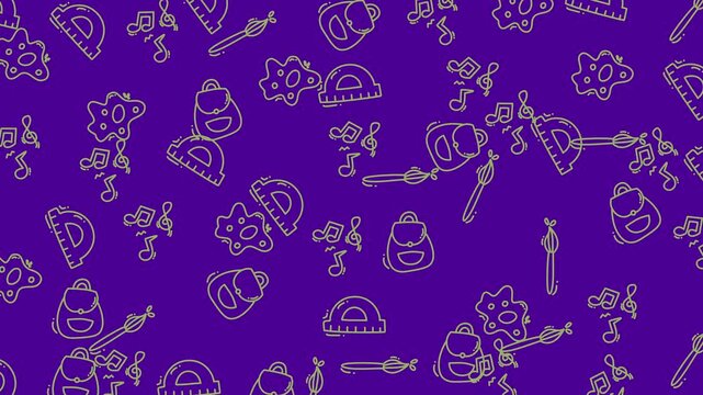4k stock | Rulers, art supplies, backpacks, and abstract education with random animation.