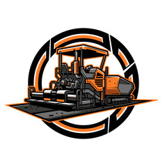 Naklejka premium A stylized illustration depicting an asphalt paver machine within a circle design with orange and black accents