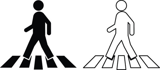 A pedestrian icon set shows black and white person silhouettes walking on zebra crossing