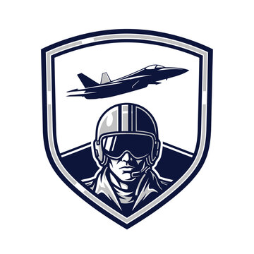 A crest illustration, a pilot below a jet airplane. The shield has dark and light blue, with white