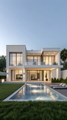 Fototapeta premium Luxury Modern Villa With Large Windows Private Swimming Pool Contemporary Architecture In Peaceful Outdoor Setting