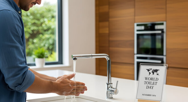 Man washing hands at modern kitchen sink with water running - Powered by Adobe