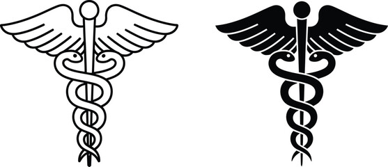 Two caduceus symbols, one in outline and one in silhouette, appear on a white background