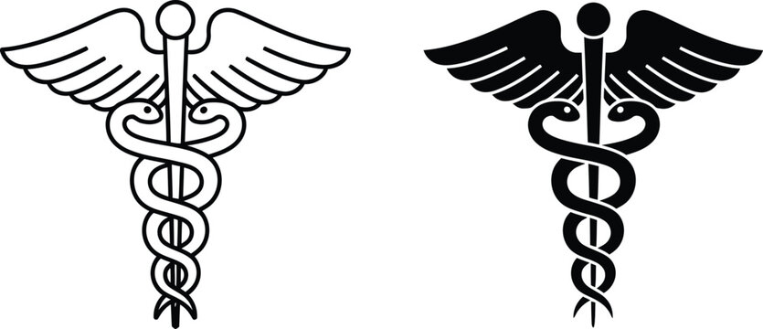 Two caduceus symbols, one in outline and one in silhouette, appear on a white background