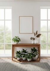 Fototapeta premium Tranquil and bright residential space featuring a fiddle-leaf fig and pampas grass decor accents