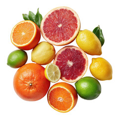 Assortment of whole and sliced citrus fruits including oranges grapefruits lemons and limes on black