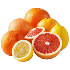 Assortment of whole and sliced citrus fruits including grapefruits oranges and lemons on black