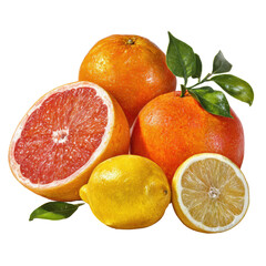 Assortment of fresh citrus fruits including whole oranges grapefruit half and whole and cut lemons