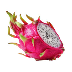 Vibrant magenta dragon fruit half displays white flesh speckled with tiny black edible seeds