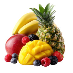 Assortment of fresh tropical and berry fruits including a pineapple mango and bananas