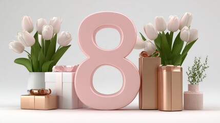 The 8th of March is beautifully commemorated with a delicate arrangement of pink tulips and gift boxes on a soft pastel backdrop, making it perfect for Women's Day