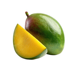 Whole Green Mango Fruit And A Bright Yellow Ripe Slice Against A Transparent Background