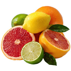 Assortment of fresh wet citrus fruits including whole and sliced oranges lemons and limes
