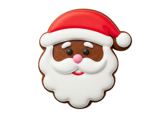 Obraz premium Delicious Gingerbread Santa Claus Cookie. Festive holiday treat with classic red hat, white beard, and pink nose, isolated on white for Christmas and seasonal joy.