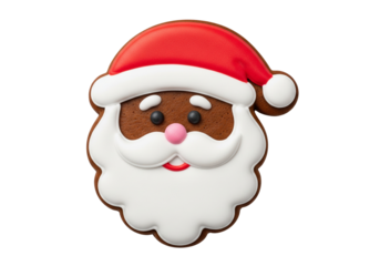 Delicious Gingerbread Santa Claus Cookie. Festive holiday treat with classic red hat, white beard, and pink nose, isolated on white for Christmas and seasonal joy.