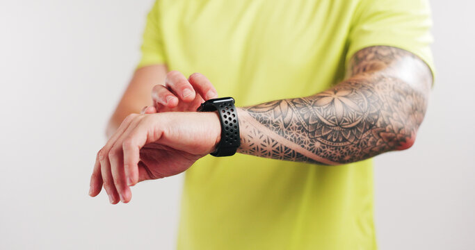 Smart watch, fitness and hands of man in studio for heart rate sensor, workout progress and tracking performance. Sports monitor, running distance stats and health app with person on white background