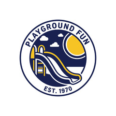 Obraz premium A circular emblem depicting a playground with a slide, sun, clouds, and text