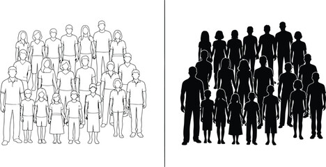 Naklejka premium Diverse crowd standing together is presented as an outline and in solid silhouettes