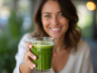 Woman holding green juice