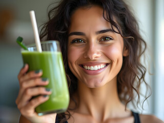 Woman holding green juice
