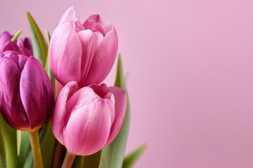 Fototapeta premium This beautiful floral arrangement features pink tulips against a softly blurred backdrop, with room for personalized text, perfect for romantic or maternal occasions