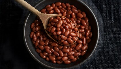 Fototapeta premium A bowl of cooked red kidney beans with a wooden spoon resting inside, presented on a dark textured background