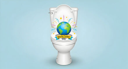 Earth rests on a toilet seat with a blue background
