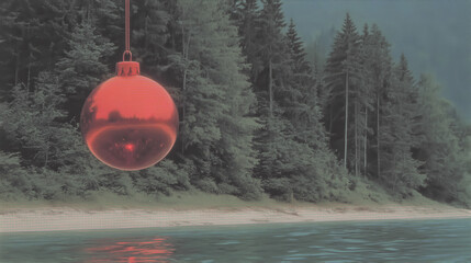 vintage magazine style nature christmas. A background with a natural landscape and a suspended Christmas ball. Vintage Christmas card