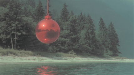 vintage magazine style nature christmas. A background with a natural landscape and a suspended Christmas ball. Vintage Christmas card