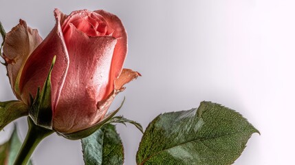 Fototapeta premium The image of a soft pink rosebud set against a white backdrop embodies the essence of nature and the affection of spring
