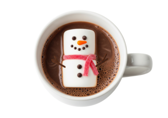 Festive Hot Chocolate with Adorable Marshmallow Snowman | Cozy Winter Holiday Drink in White Mug, Isolated on White